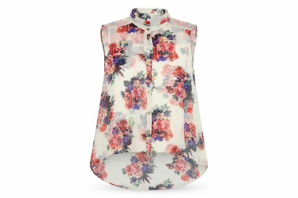 Topshop Womens Ivory Floral Polyester Basic Button-Up Size 10 Collared - Sheer