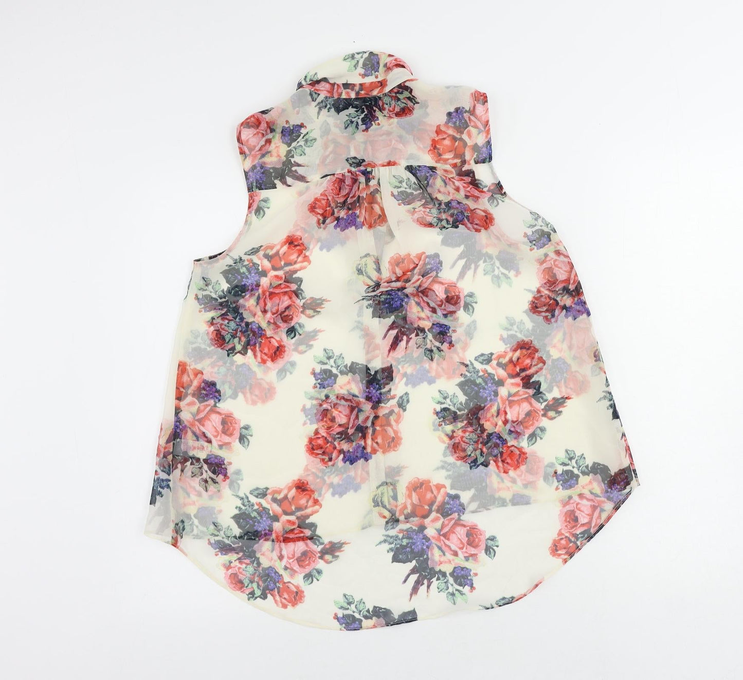 Topshop Womens Ivory Floral Polyester Basic Button-Up Size 10 Collared - Sheer