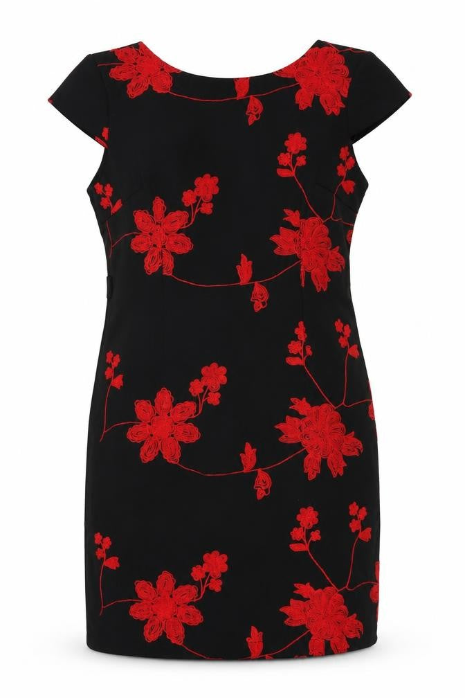 Smashed Lemon Womens Black Floral Viscose Pencil Dress Size 16 Boat Neck Zip - Embroidered