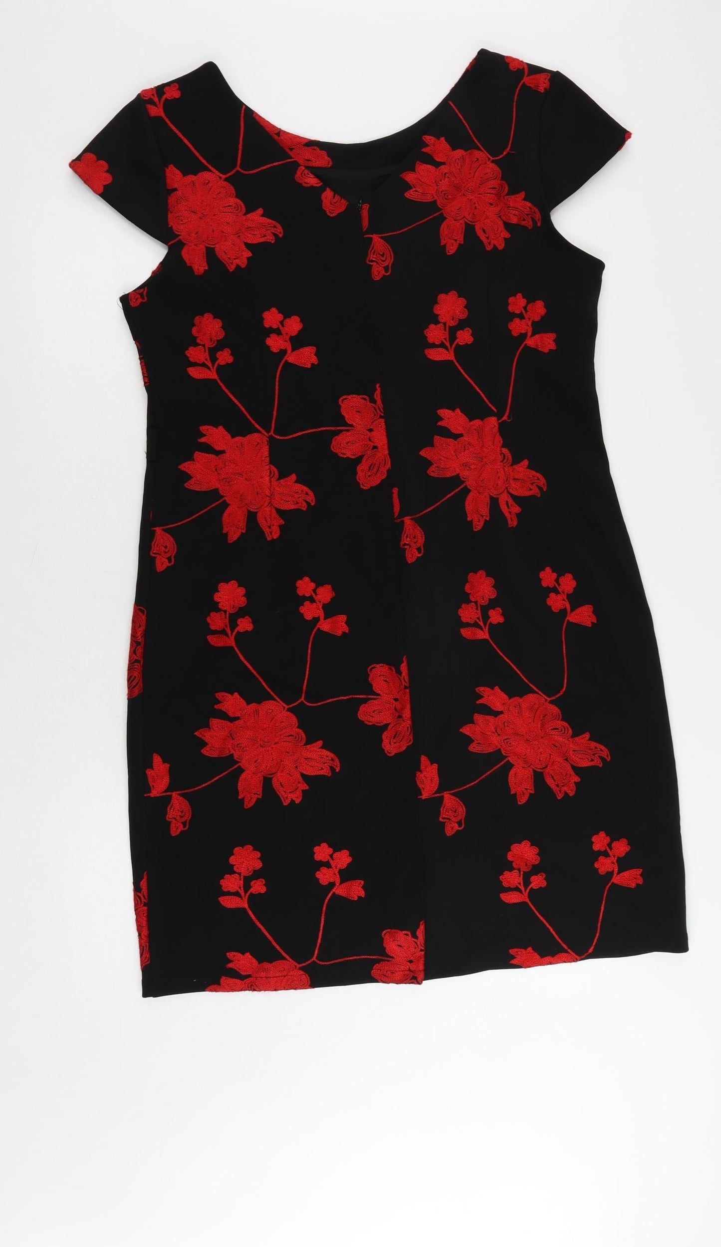 Smashed Lemon Womens Black Floral Viscose Pencil Dress Size 16 Boat Neck Zip - Embroidered