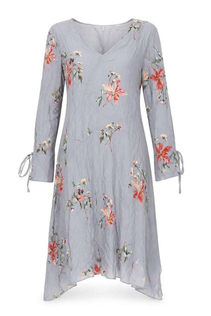 Modern Rarity Womens Grey Floral Viscose A-Line Size 8 V-Neck - Asymmetric