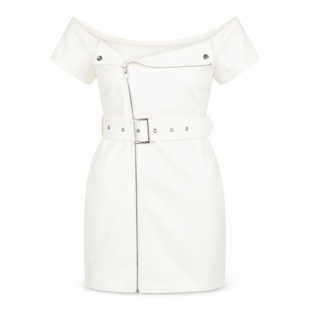 Super Down Womens White Viscose Mini Size S Off the Shoulder Zip