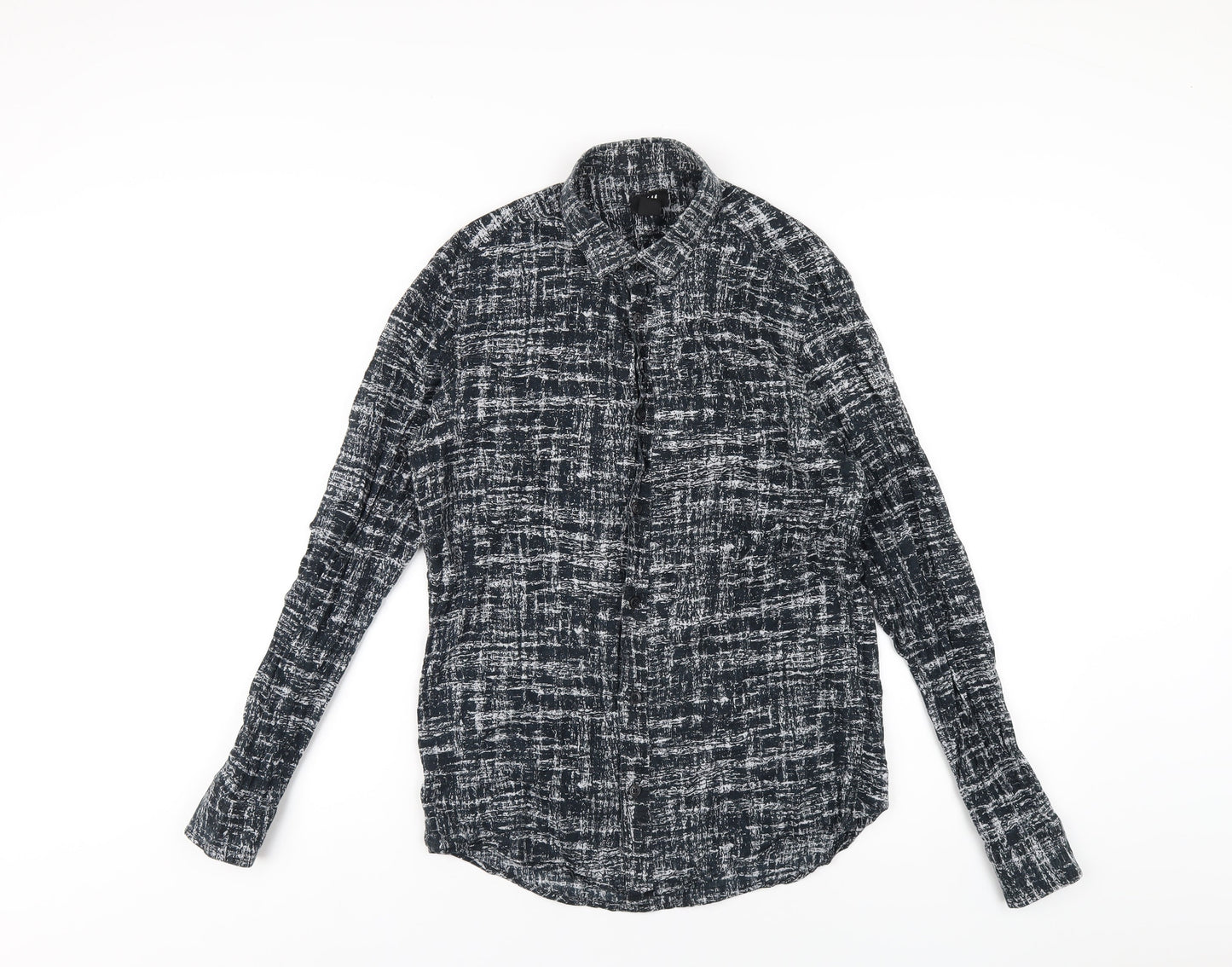 H&M Womens Black Geometric Cotton Basic Button-Up Size S Collared