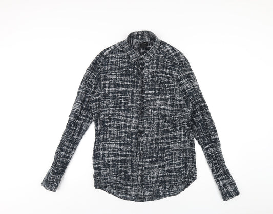 H&M Womens Black Geometric Cotton Basic Button-Up Size S Collared