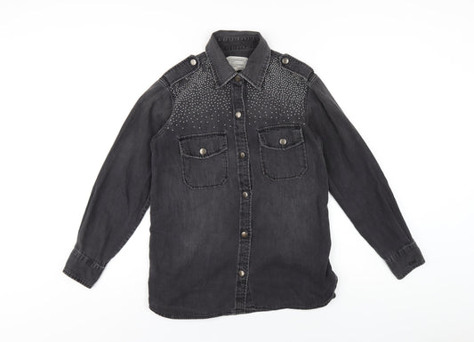 Current/Elliott Womens Grey Cotton Basic Button-Up Size S Collared