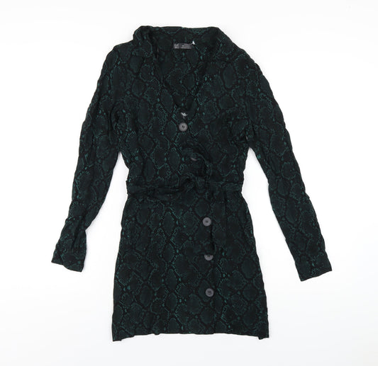 Zara Womens Green Animal Print Viscose Shirt Dress Size XS Collared Button - Snake Print