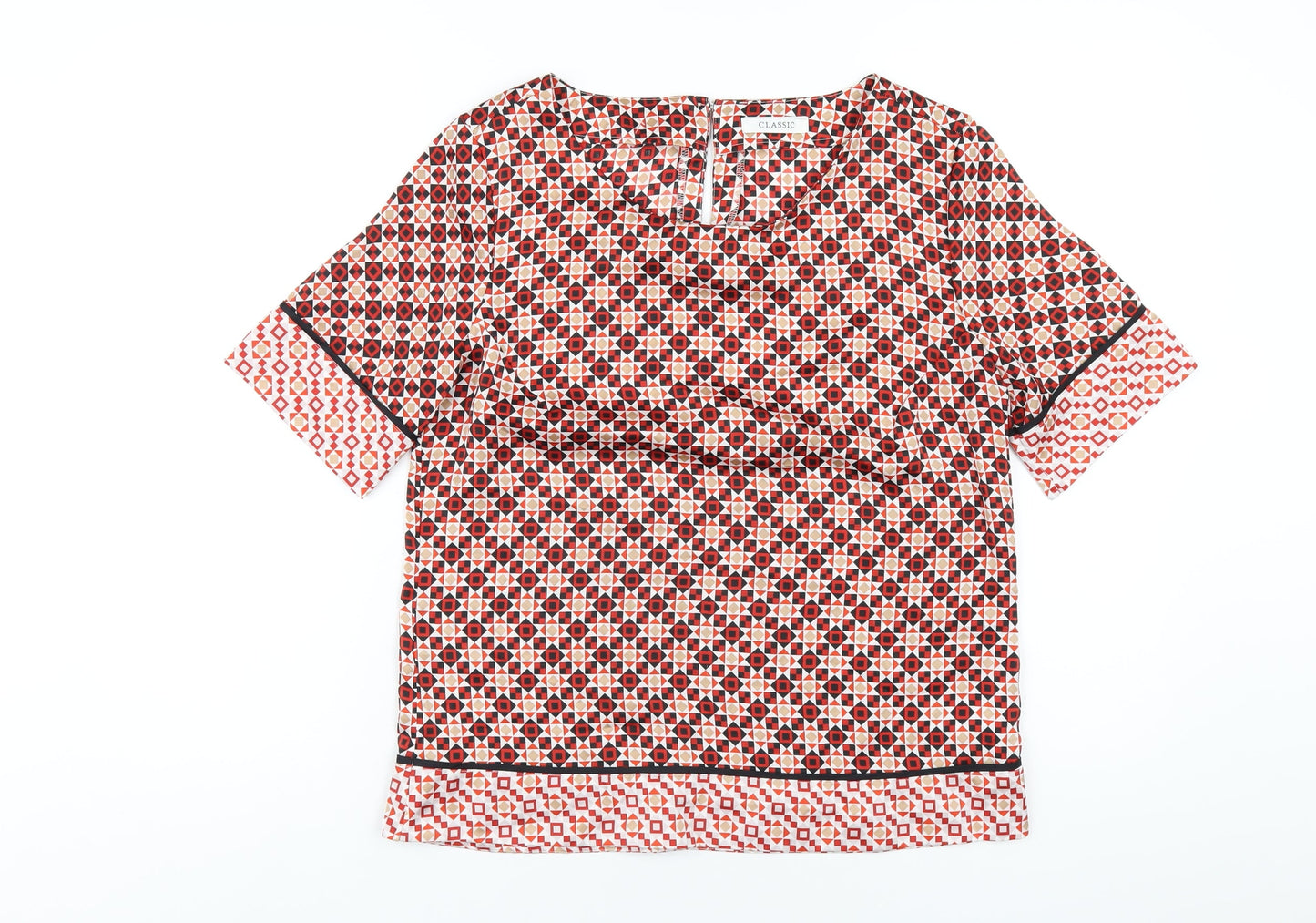 Classic Womens Red Geometric Polyester Basic T-Shirt Size 10 Round Neck