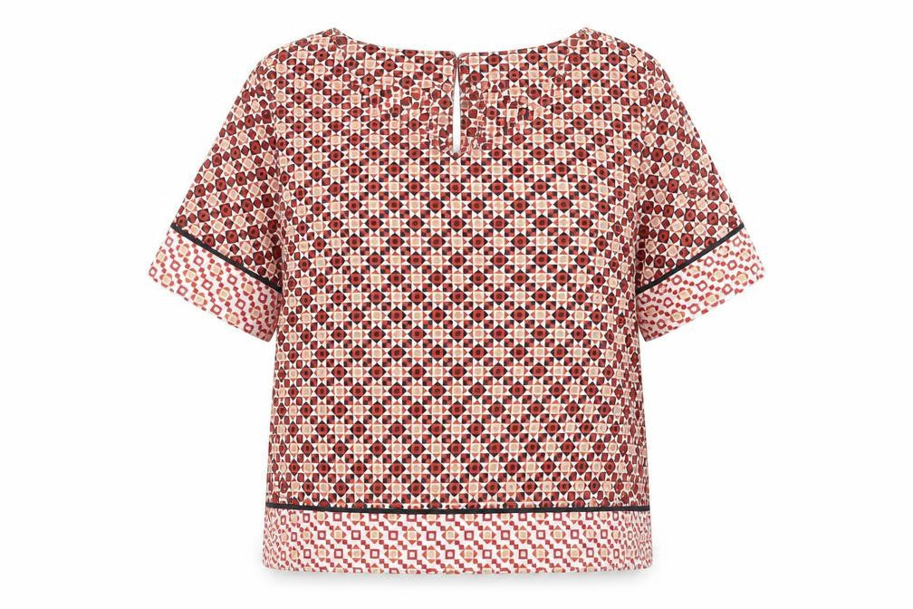 Classic Womens Red Geometric Polyester Basic T-Shirt Size 10 Round Neck