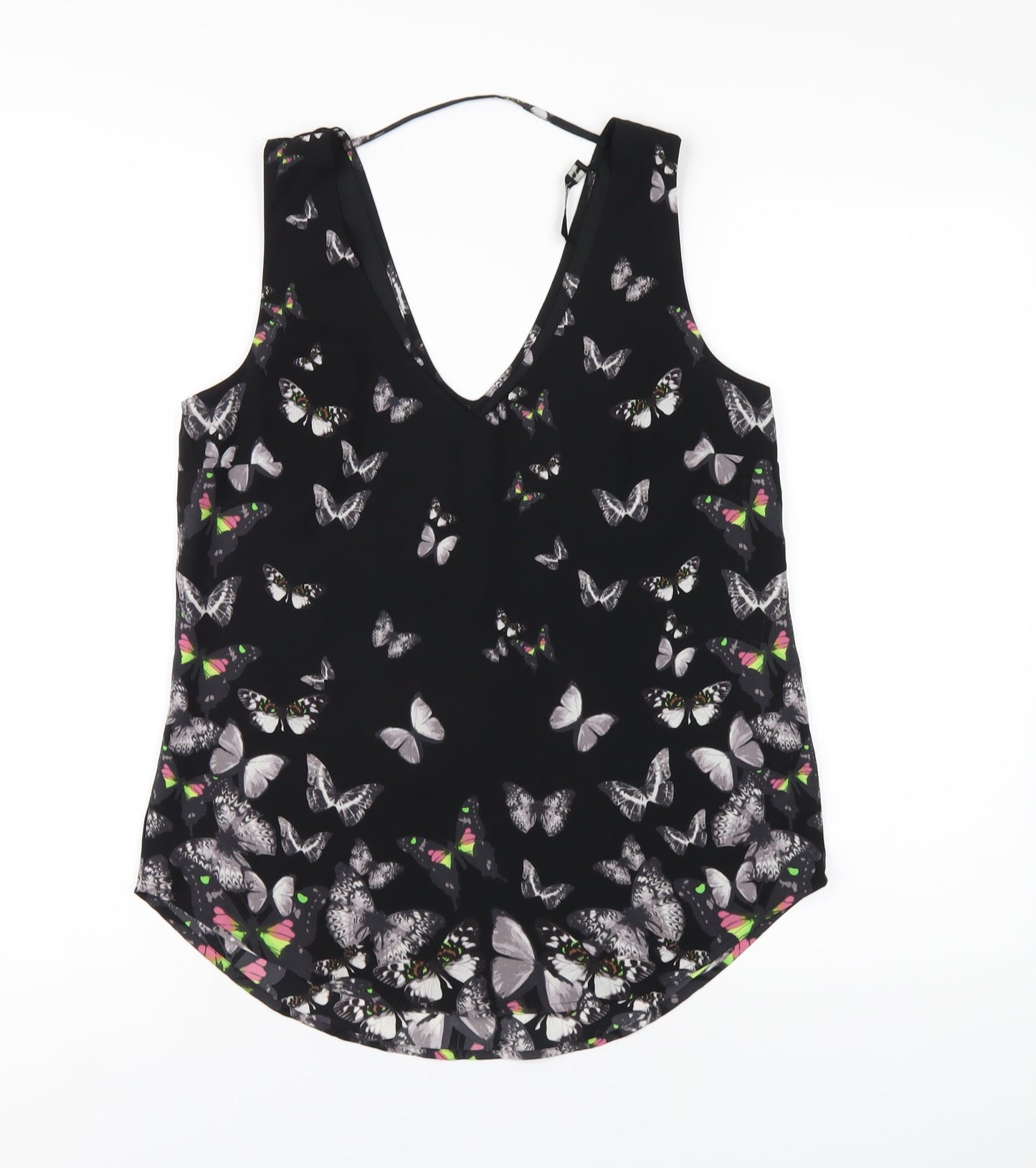 Oasis Womens Black Geometric Polyester Basic Tank Size 10 V-Neck - Butterfly Print