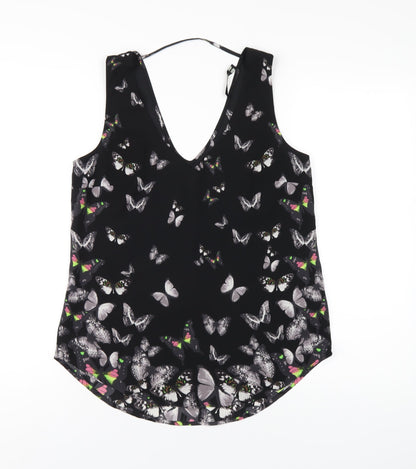 Oasis Womens Black Geometric Polyester Basic Tank Size 10 V-Neck - Butterfly Print