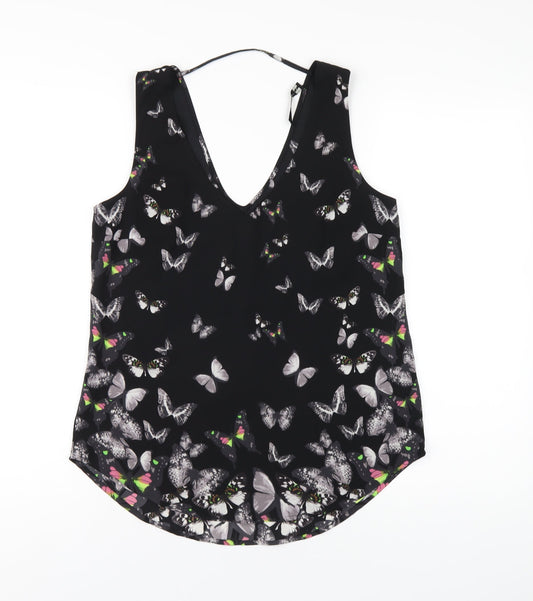 Oasis Womens Black Geometric Polyester Basic Tank Size 10 V-Neck - Butterfly Print