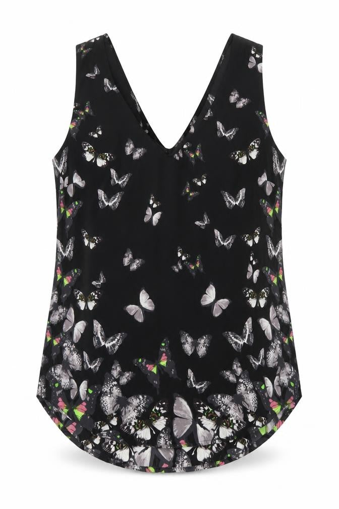 Oasis Womens Black Geometric Polyester Basic Tank Size 10 V-Neck - Butterfly Print