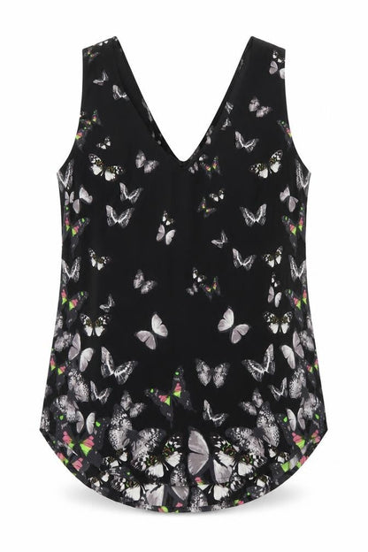 Oasis Womens Black Geometric Polyester Basic Tank Size 10 V-Neck - Butterfly Print