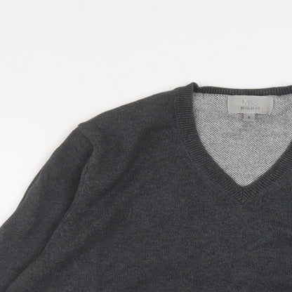 Marks & Spencer Mens Grey V-Neck Cotton Pullover Jumper Size S Long Sleeve