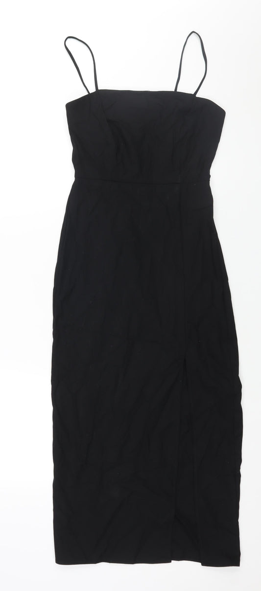 Zara Womens Black Polyester Slip Dress Size XS Square Neck Zip - Front Slit