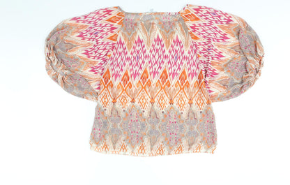 Back view of Red Herring women’s multicoloured geometric polyester basic blouse, size UK 14, round neck - semi sheer
