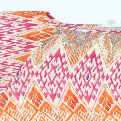 Close-up detail of Red Herring women’s multicoloured geometric polyester basic blouse, size UK 14, round neck - semi sheer