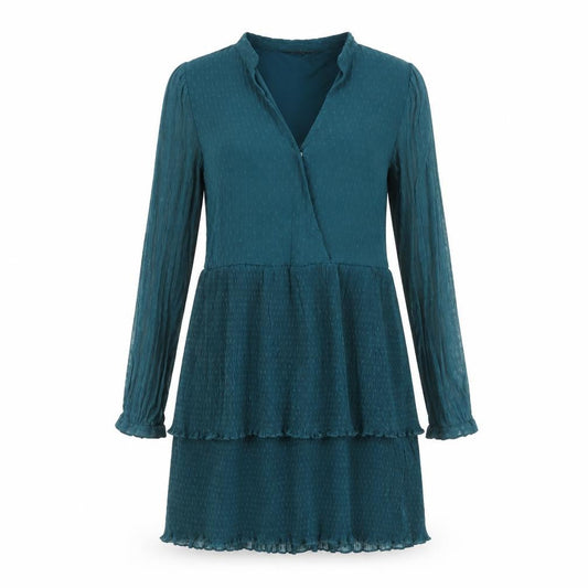 Zara Womens Blue Polyester Shift Size L V-Neck Snap - Frill