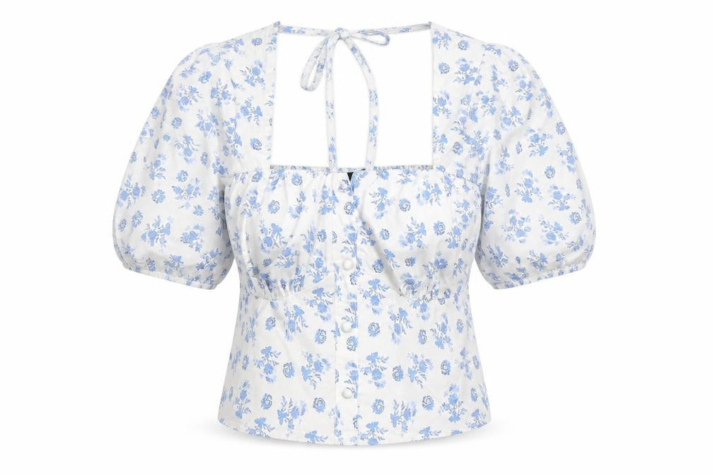 In the Style Womens Blue Floral Polyester Basic Blouse Size 14 Square Neck - Rouched Button Detail