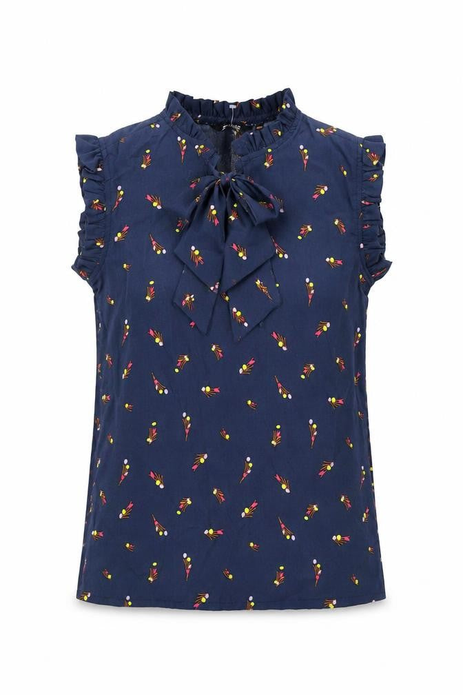 Zudio Womens Blue Geometric Polyester Basic Blouse Size 2XS Mock Neck - Bow Frill