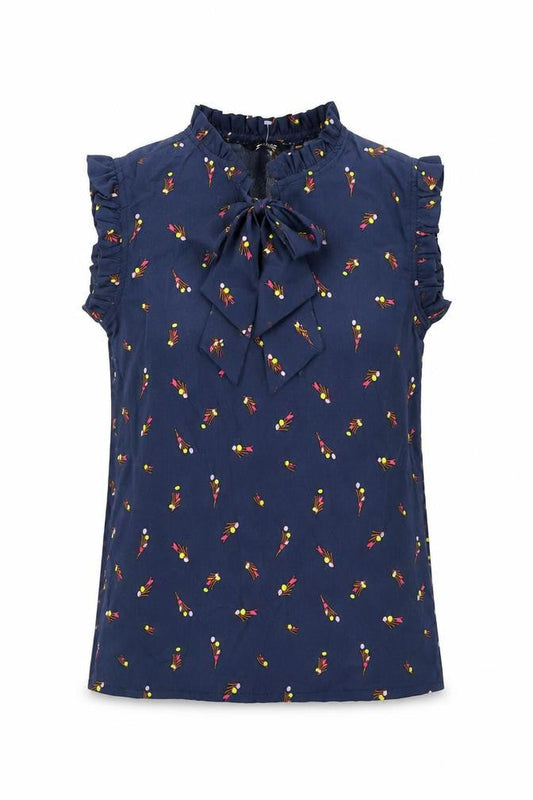 Zudio Womens Blue Geometric Polyester Basic Blouse Size 2XS Mock Neck - Bow Frill