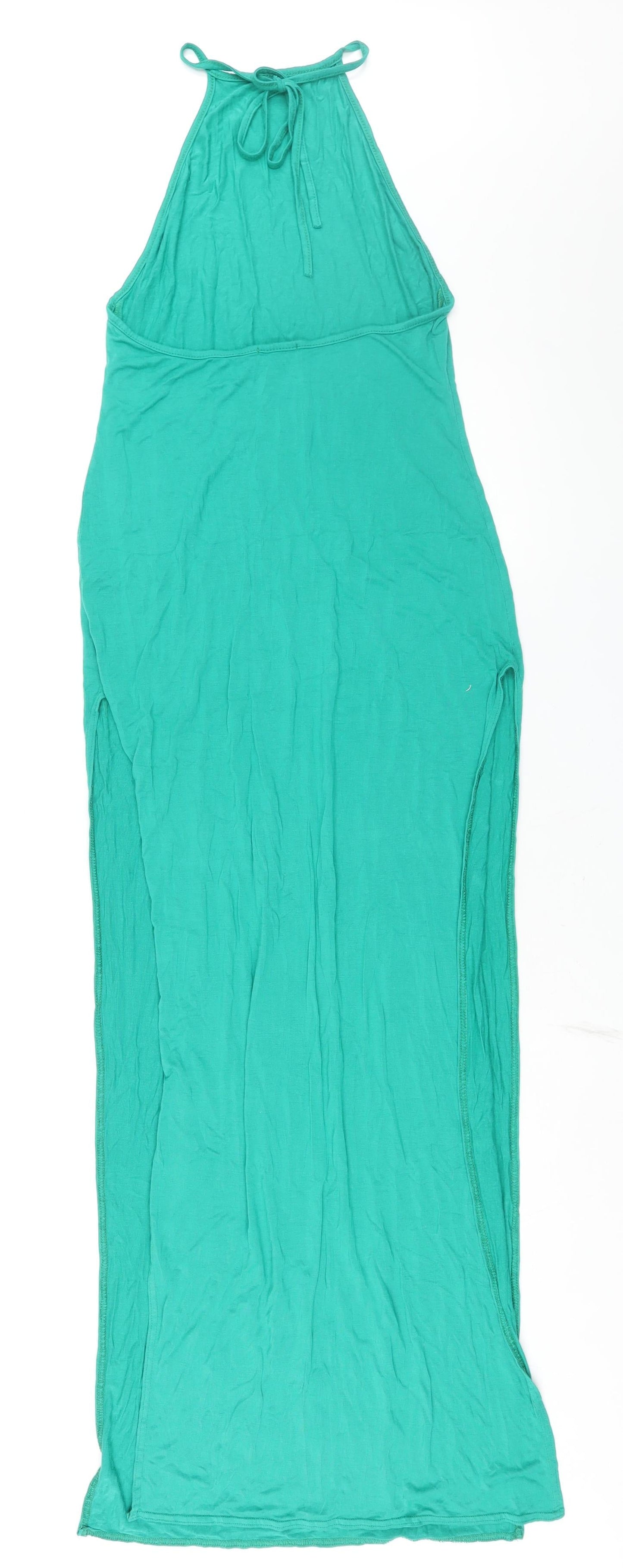 PRETTYLITTLETHING Womens Green Viscose Maxi Size 14 Halter Tie - Backless