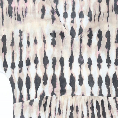 Close-up detail of Principles women’s multicoloured geometric polyester shift, size UK 10, v-neck pullover - smocked