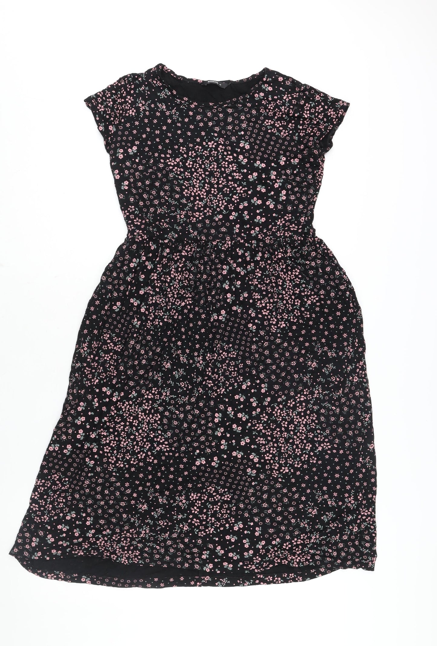 Roman Womens Black Floral Viscose A-Line Size 12 Round Neck Pullover