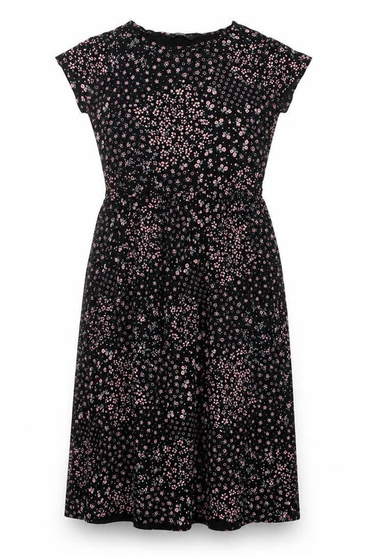 Front view of Roman women’s black floral viscose a-line, size UK 12, round neck pullover