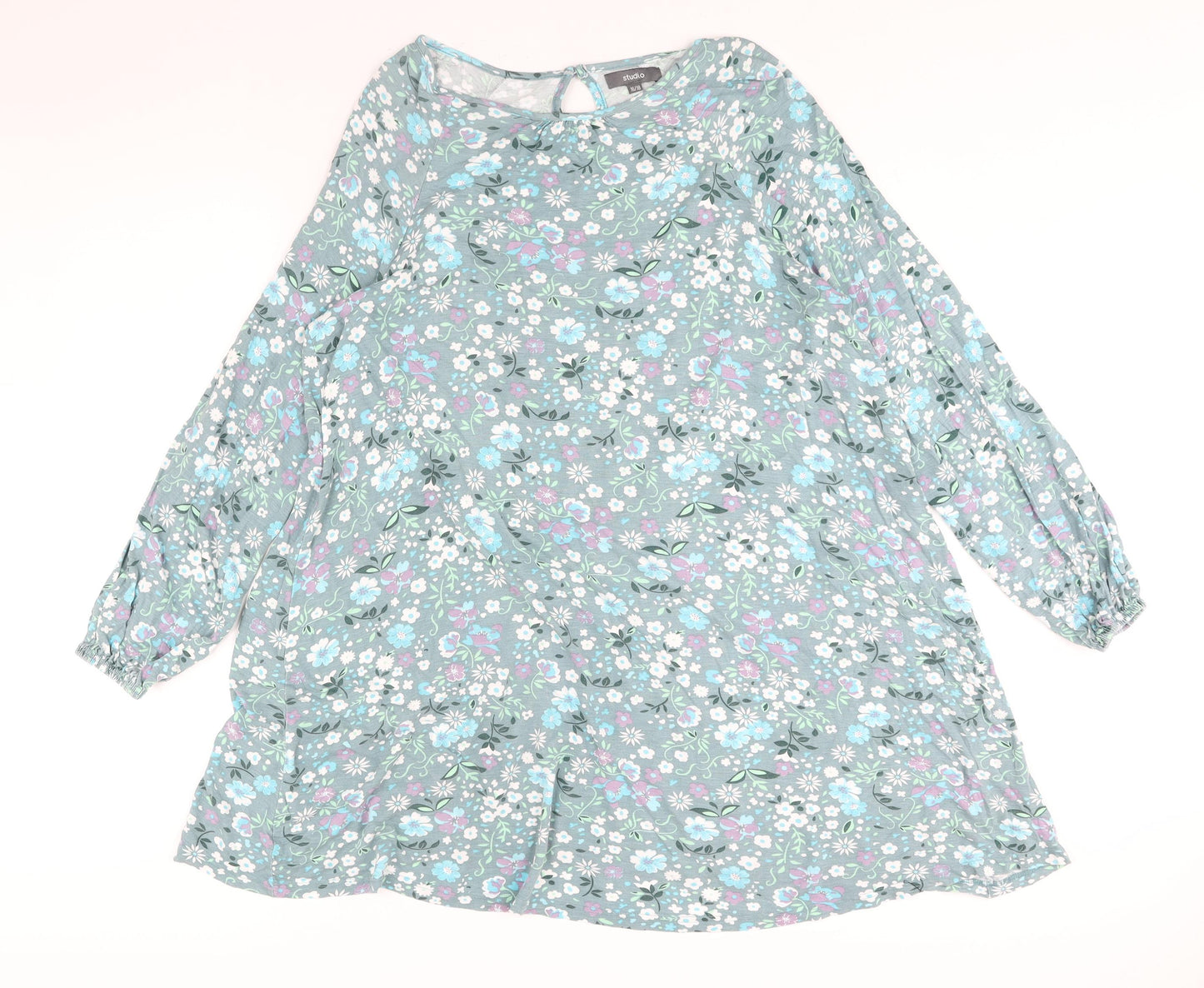 Studio Womens Blue Floral Viscose A-Line Size 16 Round Neck Button - Size 16-18