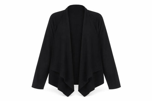 Front view of Principles women’s black v-neck acrylic cardigan jumper, size UK 14, - open