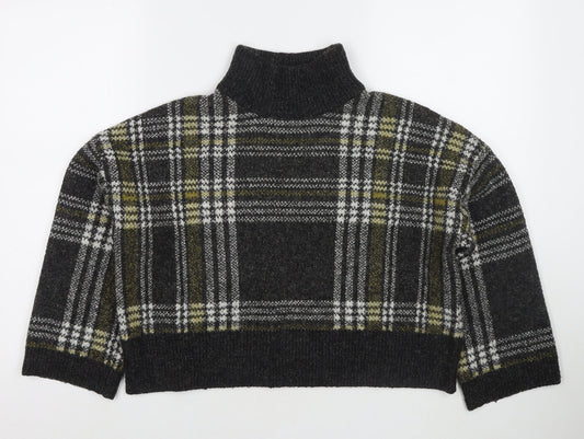 New Look Womens Grey Mock Neck Check Acrylic Pullover Jumper Size M