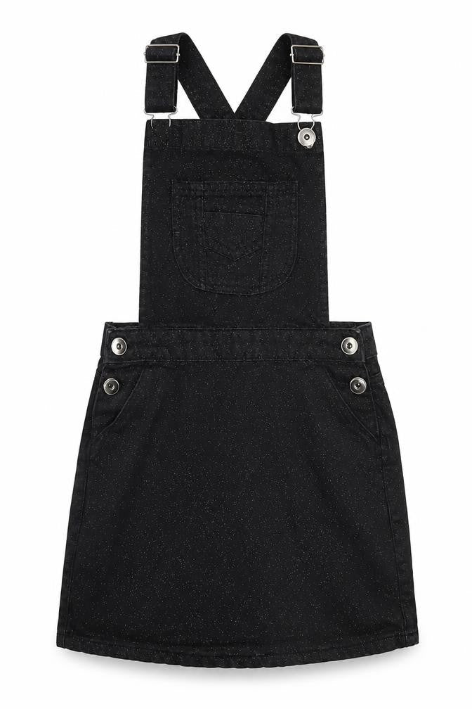 M&Co Girls Black Cotton Pinafore/Dungaree Dress Size 11 Years Square Neck Button - Glitter Detail