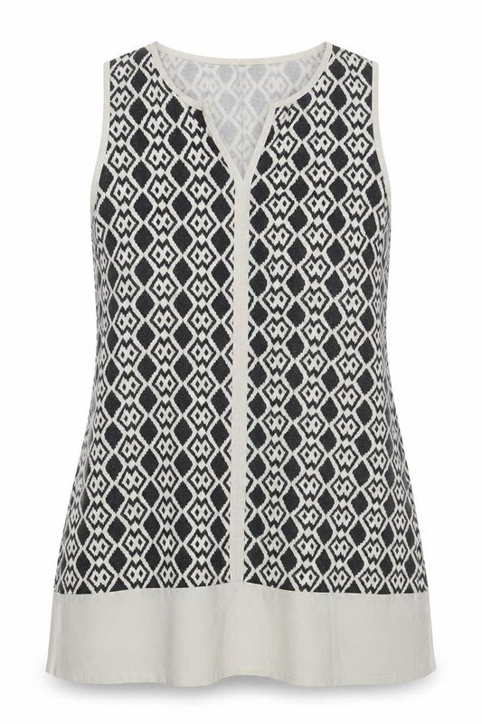 Front view of Kaleidoscope women’s multicoloured geometric cotton tunic tank, size UK 14, v-neck