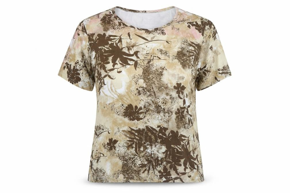 Klass Womens Beige Floral Viscose Basic Blouse Size L Round Neck