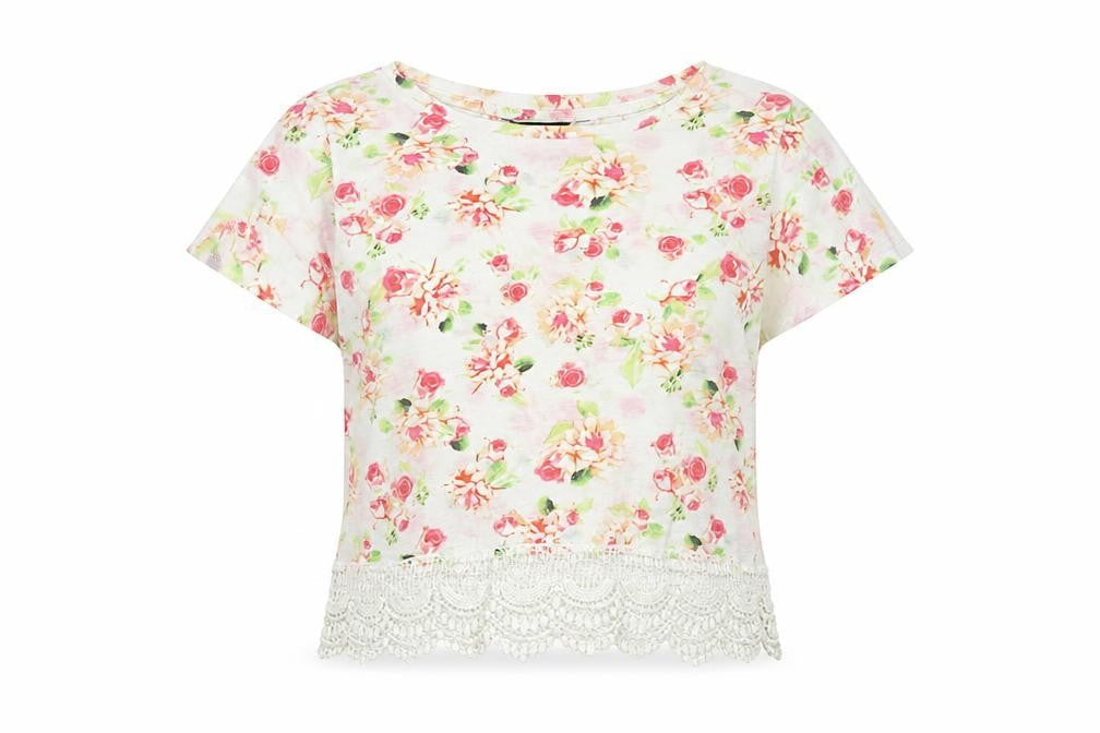 Golddigga Womens White Floral Cotton Basic T-Shirt Size 8 Round Neck