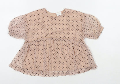 Additional front view of Next girls’ beige polka dot polyester basic blouse, size 9-12, months round neck button