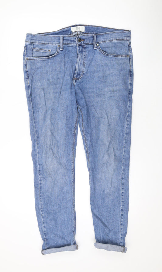 Marks and Spencer Womens Blue Cotton Straight Jeans Size 34 in L26 in Regular Zip