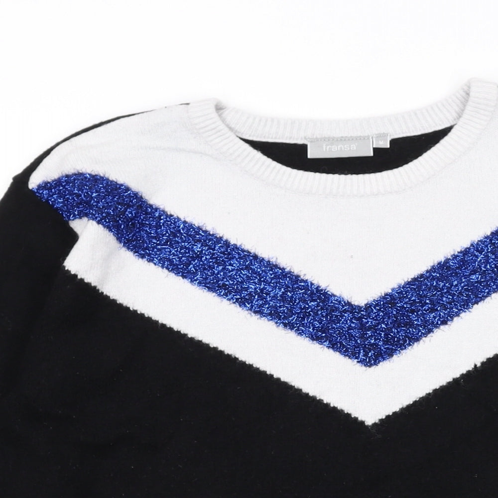 Fransa Womens Black Round Neck Geometric Viscose Pullover Jumper Size M