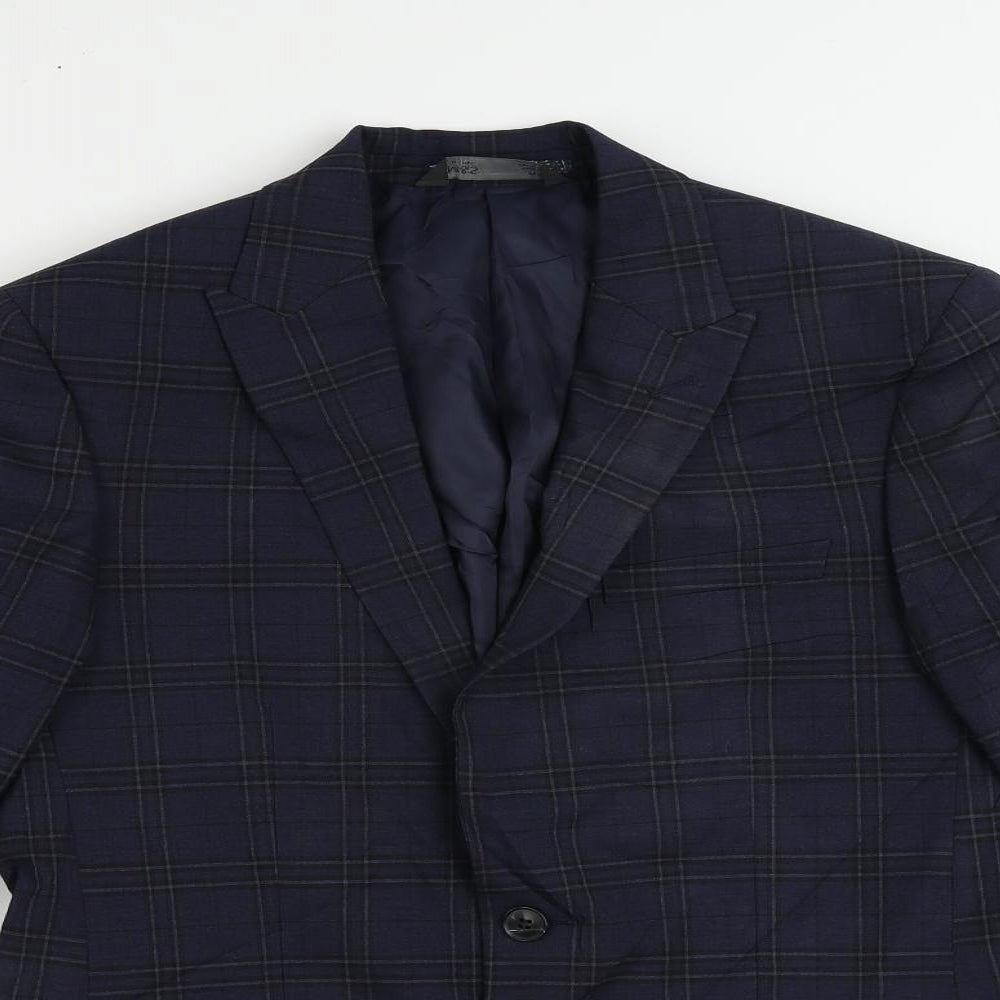 Marks and Spencer Mens Blue Plaid Polyester Jacket Suit Jacket Size 38 Regular
