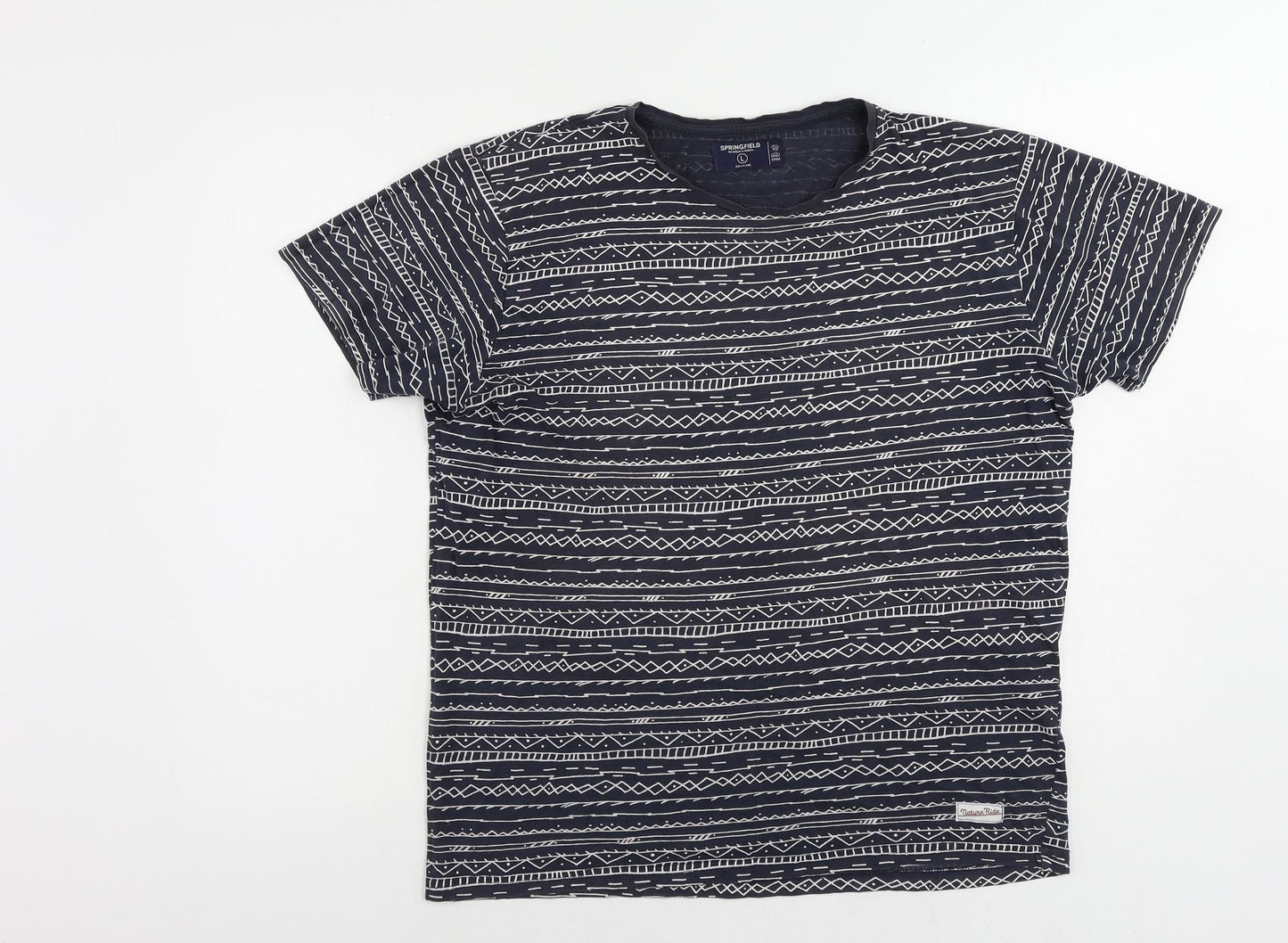 Springfield Womens Blue Geometric Cotton Basic T-Shirt Size L Crew Neck