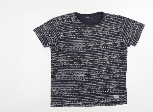Springfield Womens Blue Geometric Cotton Basic T-Shirt Size L Crew Neck