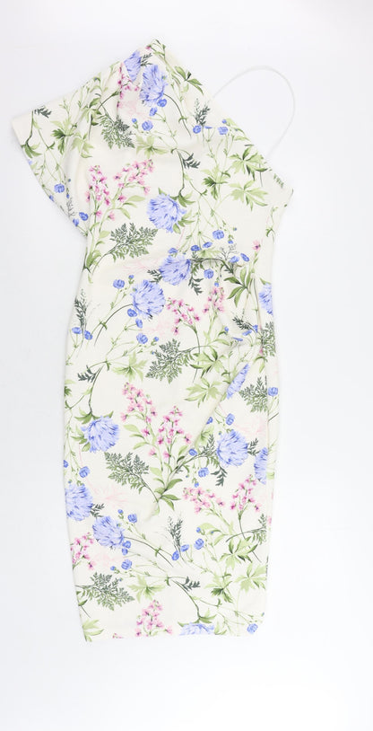 Additional front view of ASOS women’s ivory floral polyester sheath, size UK 12, one shoulder pullover - ruched