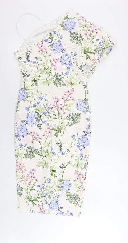 Back view of ASOS women’s ivory floral polyester sheath, size UK 12, one shoulder pullover - ruched