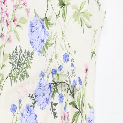 Close-up detail of ASOS women’s ivory floral polyester sheath, size UK 12, one shoulder pullover - ruched