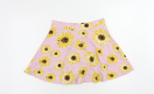 ROMWE Womens Pink Floral Polyester Skater Skirt Size M Zip