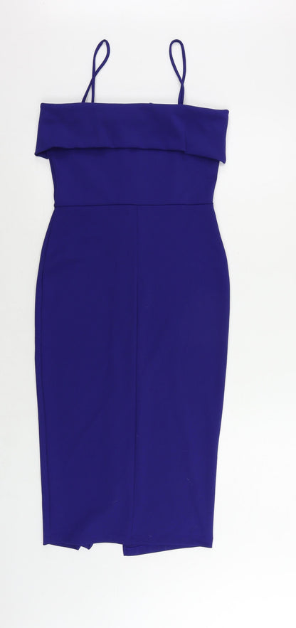 Additional front view of ASOS women’s blue polyester bodycon, size UK 10, square neck zip