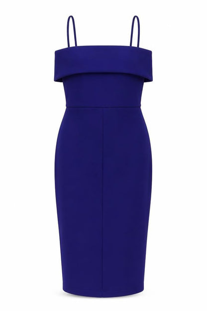 Front view of ASOS women’s blue polyester bodycon, size UK 10, square neck zip