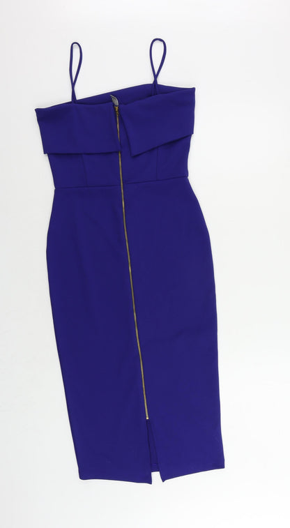 Back view of ASOS women’s blue polyester bodycon, size UK 10, square neck zip