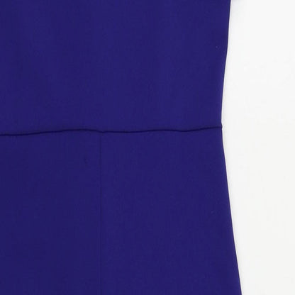 Close-up detail of ASOS women’s blue polyester bodycon, size UK 10, square neck zip